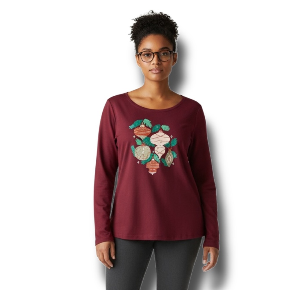 Croft & Barrow Women’s Plus Long Sleeve The Classic Tee Holiday Graphic Berry 4X
